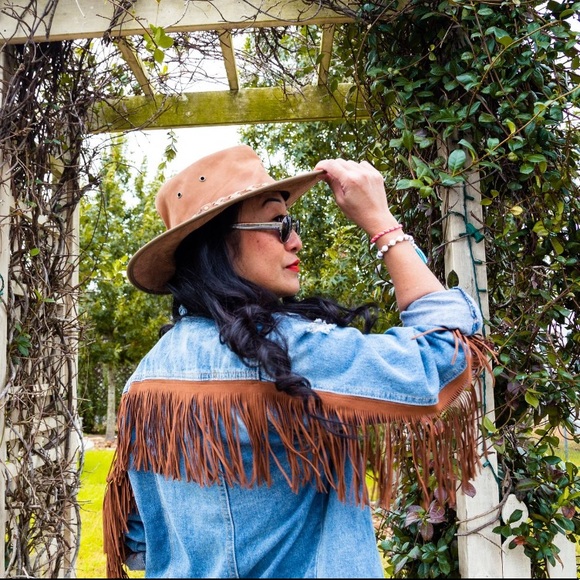 Distressed Denim Jacket with Brown Suede Fringe - Picture 7 of 7